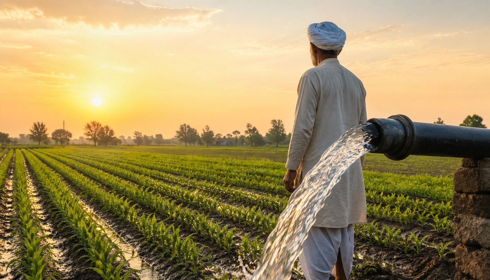 Illustration of a farmer overlooking green crops as irrigation water flows at sunrise