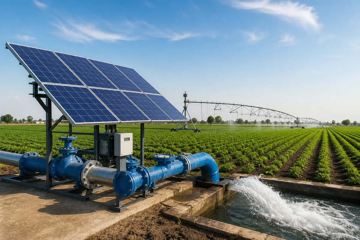 Illustration of solar-powered irrigation supplying a farm